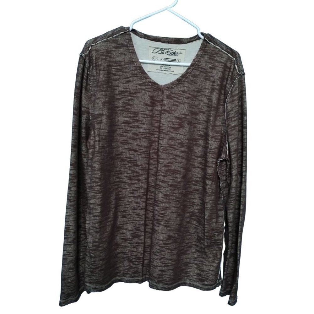 Be Ethic V Neck Long Sleeves Shirt Large Brown Tan Men 90's Style Raw Hem Y2K